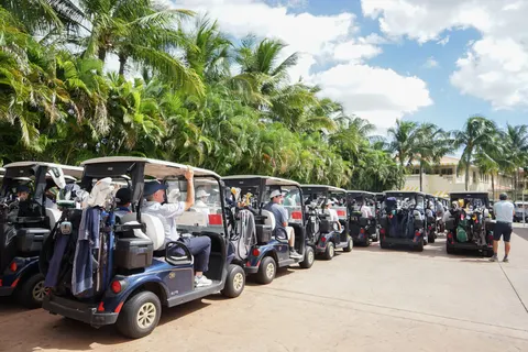 Golf carts and players line up along a palm-lined path.